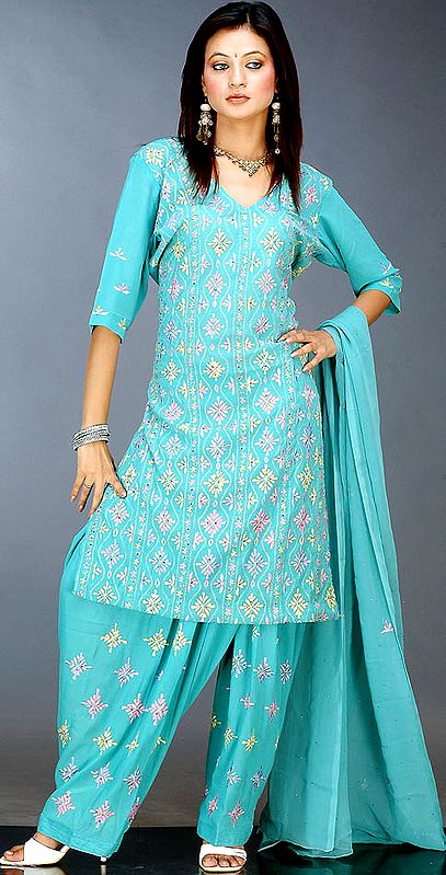 Teal Salwar Suit with All-Over Floral Embroidery