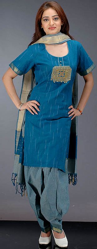 Teal South Cotton Suit with Sequins