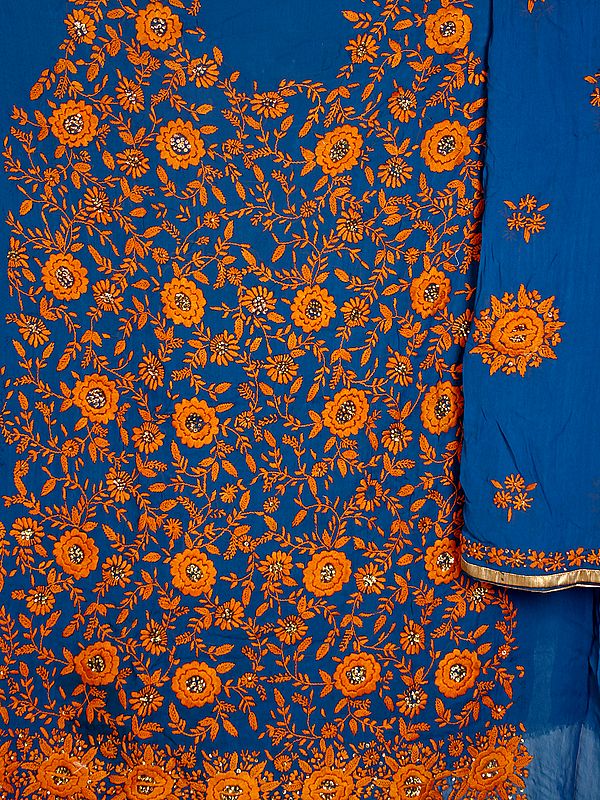 Teal-Blue Phulkari Salwar Kameez Fabric with Sequins and Hand-Embroidery in Amber Thread