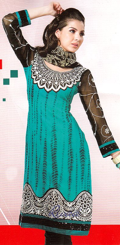 Teal-Green and Black Batik Dyed Salwar Kameez Suit with Embroidery
