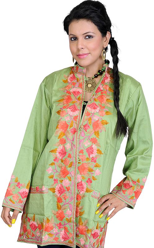 Tendril-Green Jacket from Kashmir with Aari Embroidered Flowers