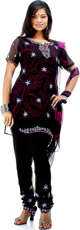 The Starry Starry Night (Black Choodidaar Suit with Pink and Turquoise Embroidery)