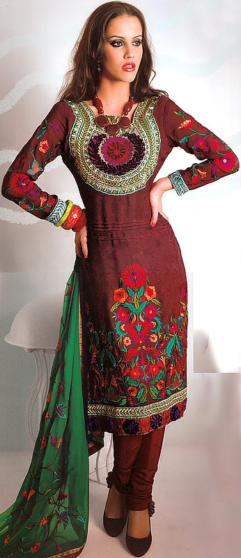 Tibetan-Red Choodidaar Suit with Crewel Embroidered Flowers and Patch Border