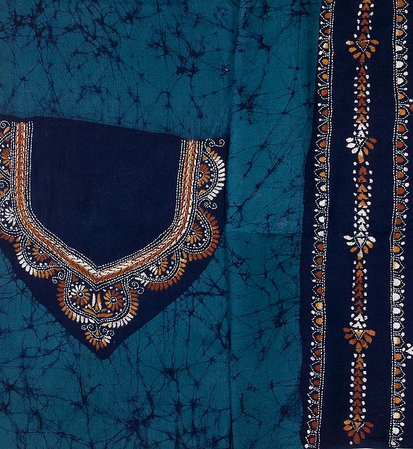 Tile-Blue Batik Salwar Kameez Fabric with Kantha Stiched Embroidery on Neck