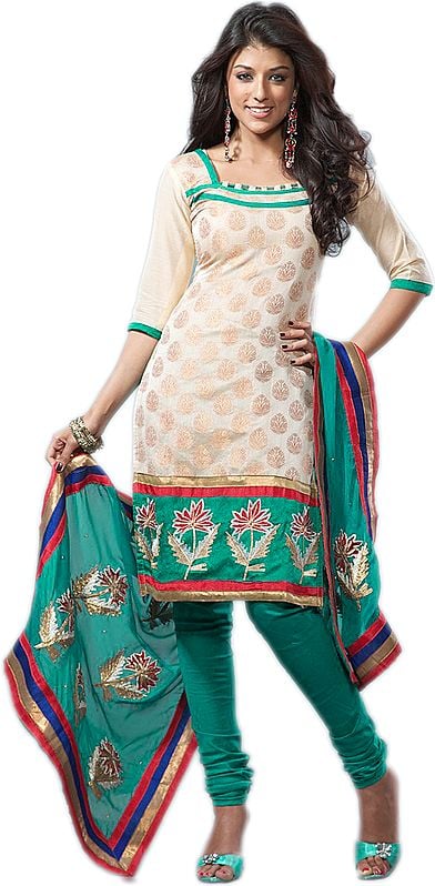 Toasted-Almond Choodidaar Kameez Suit with Embroidered Floral Border and Woven Bootis
