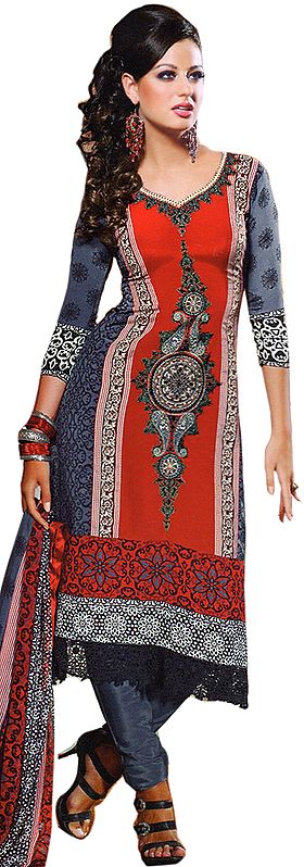 Tomato and Quarry-Gray Suit Salwar with Printed Paisleys