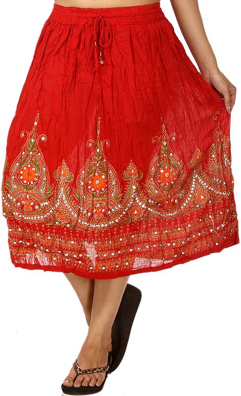 Tomato Red Embrodiered Skirt with Sequins