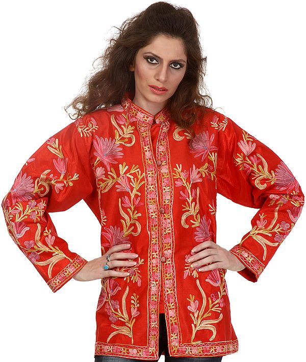 Tomato Red Kashmiri Jacket with Embroidered Flowers