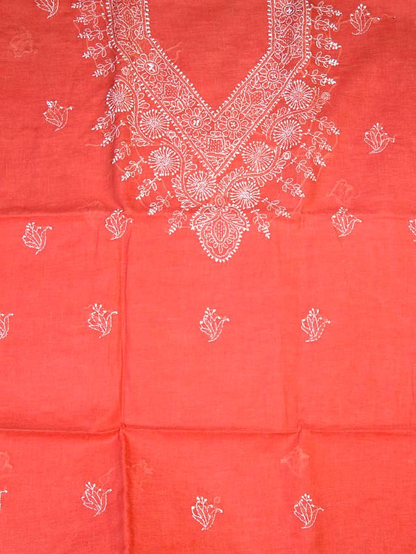 Tomato-Orange Salwar Suit Fabric with All-Over Lukhnavi Chikan Embroidery