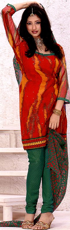 Tomato-Red and Green Designer Choodidaar suit Embroidered Paisley Border