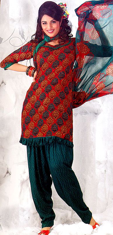 Tomato-Red and Green Printed Salwar Kameez with Self Weave