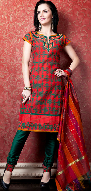Tomato-Red Choodidaar Kameez Suit with Embroidery on Neck and All-Over Weave