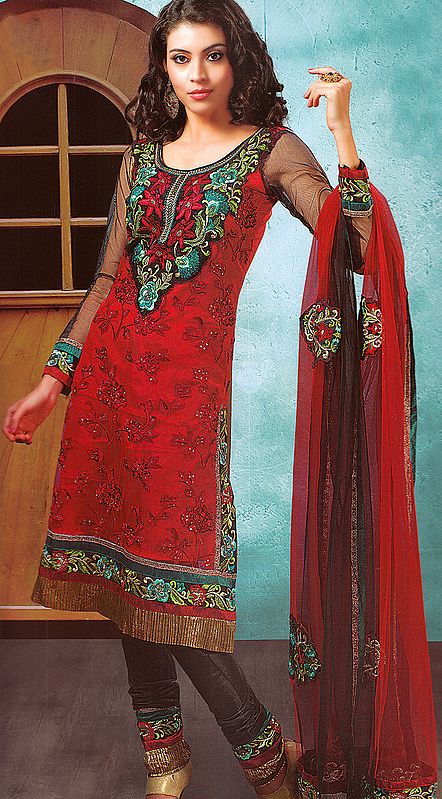 Tomato-Red Designer Choodidar Suit with Velvet Applique, Crewel Embroidery and Sequins