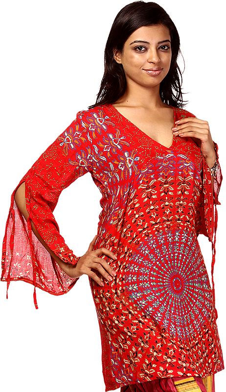 Tomato-Red Kurti from Gujarat with Printed Floral Motiffs and Open Sleeves