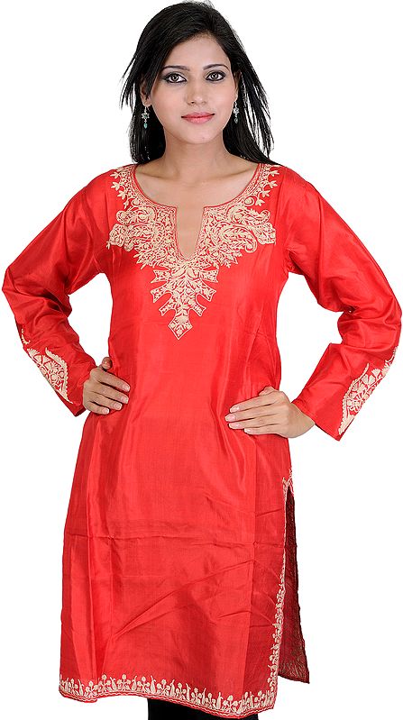 Tomato-Red Long Kashmiri Kurti with Embroidery on Neck