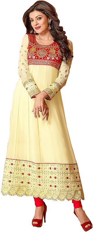 Transparent-Yellow Long Choodidaar Suit with Floral Thread Embroidery on Neck and Border