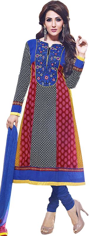 Tri-Color Choodidaar Suit with Embroidered Patch on Neck