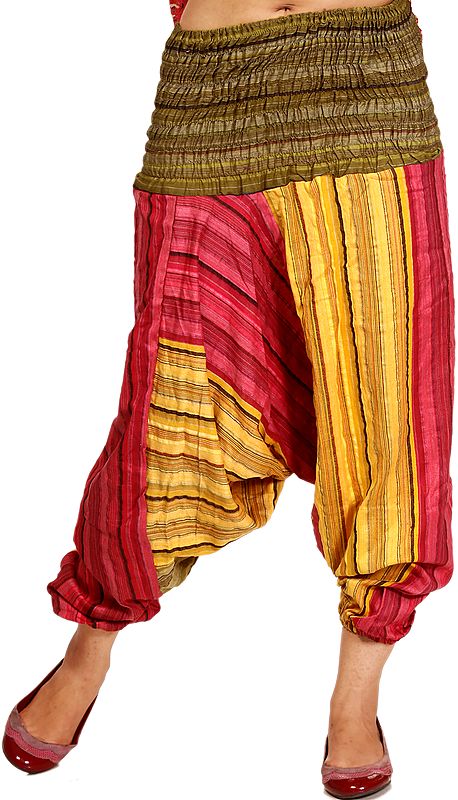 Tri-Color  Harem Trousers with All-Over Woven Stripes