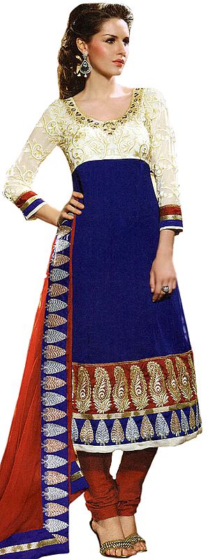Tri-Color Long Choodidaar Kameez Suit with Embroidery on Neck and Paisley Border