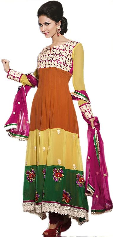 Tri-Color Long Designer Chudidar Kameez Suit with Aari Embroidered Flowers and Crochet Border