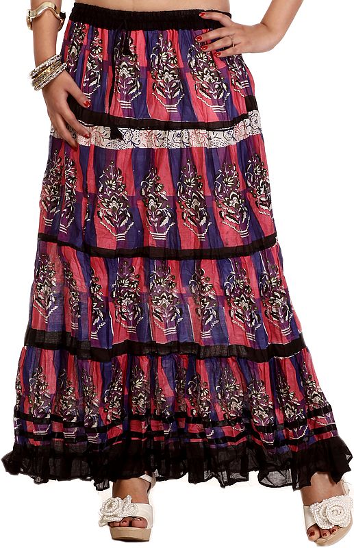 Tri-Color Long Elastic Skirt with Printed Flowers
