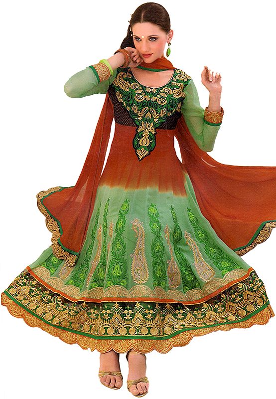 Tri-Colored Wedding Anarkali Suit with Embroidered Paisleys