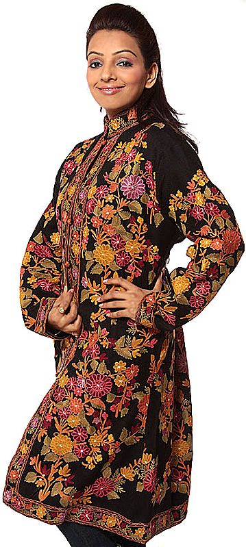 Tropical Foliage Embroidered on a Long Black Jacket from Kashmir