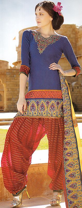 True-Blue Patiala Salwar Suit with Embroidery on Neck and Patch Border