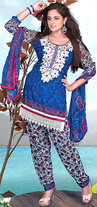 True-Blue Printed Salwar Kameez Suit with Beaded Patch on Neck