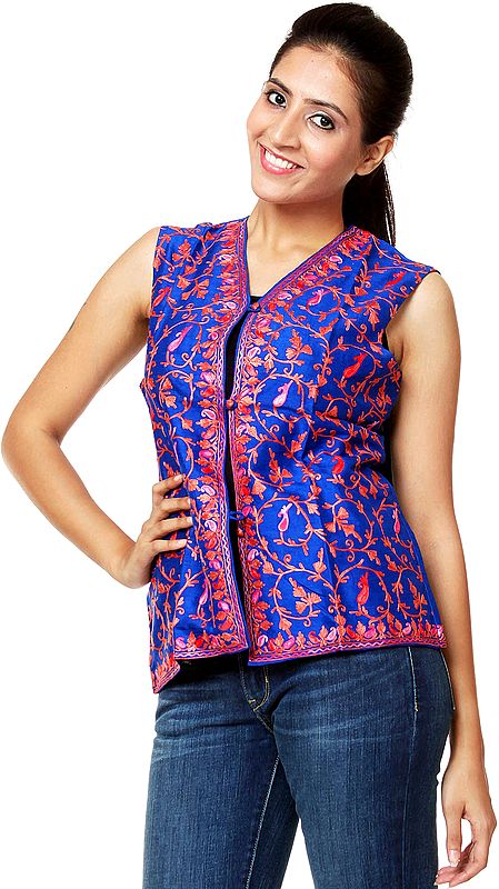 True-Blue Waistcoat from Kashmir with Air Embroidery All-Over