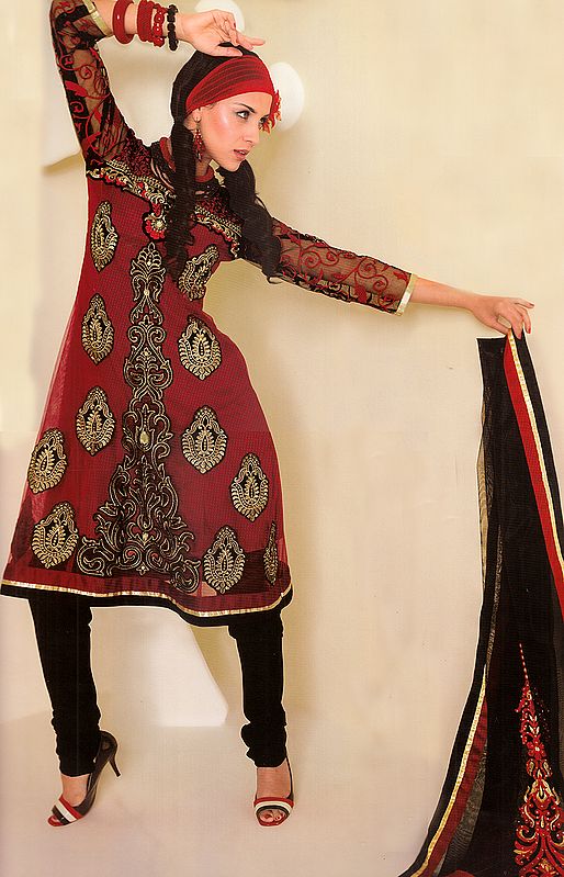 True-Red and Black Choodidaar Suit with All-Over Woven Bootis and Patch Border