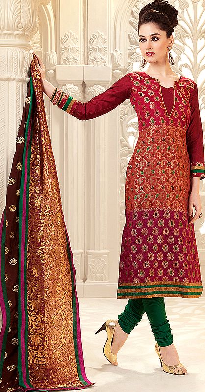 True-Red Brocaded Choodidaar Kameez Suit with Sequins and Patch Border