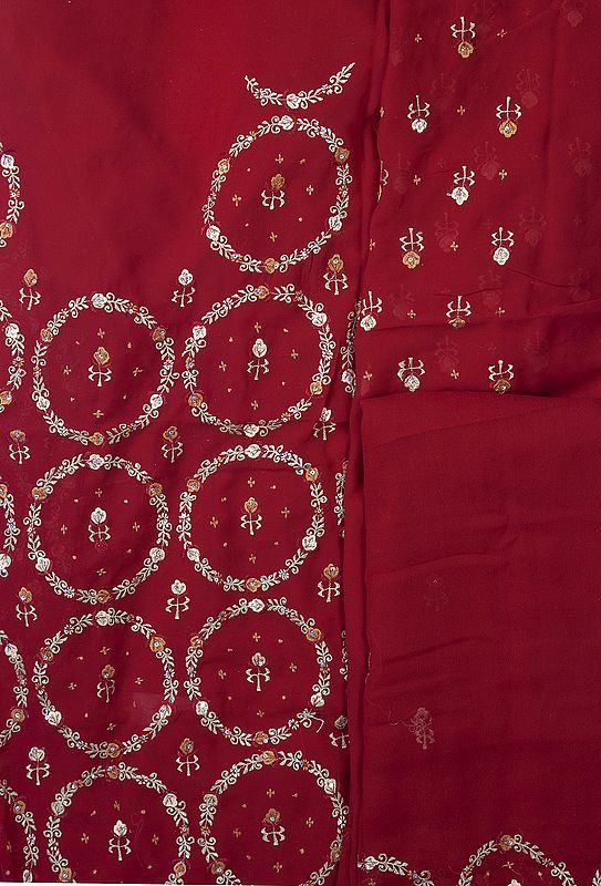 True-Red Salwar Kameez Fabric with Embroidered Flowers and Sequins All-Over