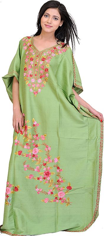 Turf-Green Kashmiri Kaftan with Aari Embroidered Flowers