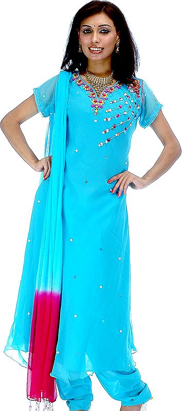 Turquoise A-Line Salwar Kameez with Beads and Crystals