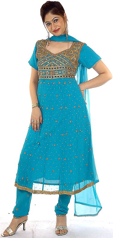 Turquoise Anarkali Suit with All-Over Sequins and Beads