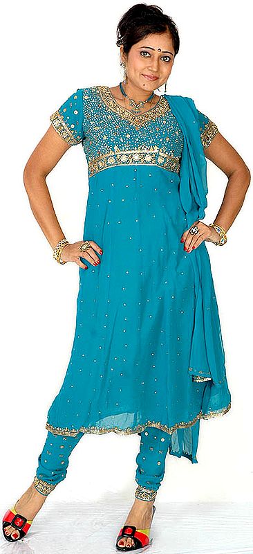 Turquoise Anarkali Suit with Embroidered Sequins All-Over