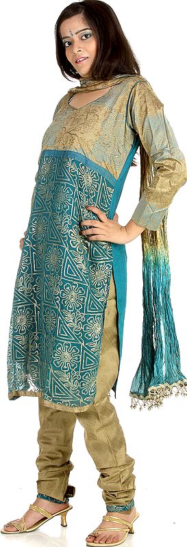 Turquoise and Beige Printed Choodidaar Suit with Threadwork and Sequins
