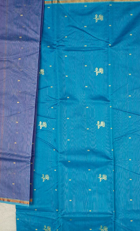 Turquoise and Blue Chanderi Suit with Woven Bootis in Golden Thread
