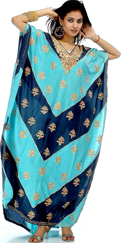 Turquoise and Blue Kaftan with Aari Embroidered Bootis