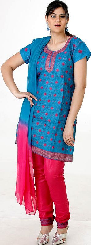 Turquoise and Fuchsia Choodidaar Suit with All-Over Embroidery
