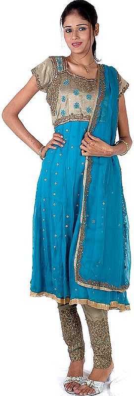 Turquoise and Khaki Anarkali Choodidaar Suit Beaded at Front