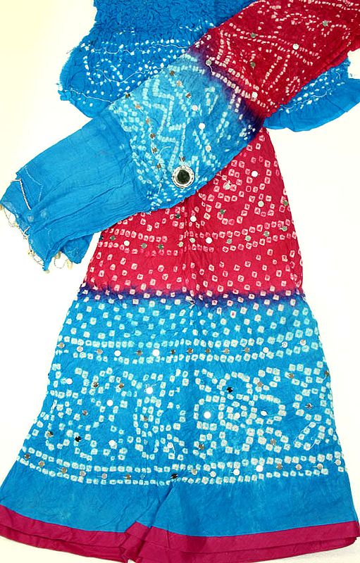 Turquoise and Magenta Bandhani Lehenga Choli with Sequins