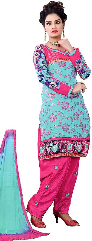 Turquoise and Magenta Patiala Salwar Kameez with Woven Flowers and Patch Border