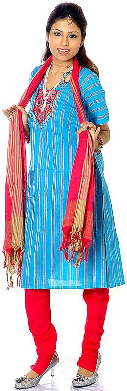 Turquoise and Magenta South-Cotton Suit with Embroidery on Neck