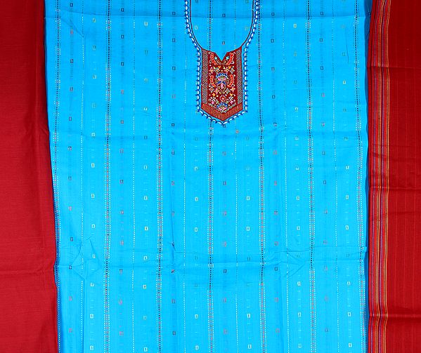 Turquoise and Maroon South-Cotton Suit with Embroidery on Neck