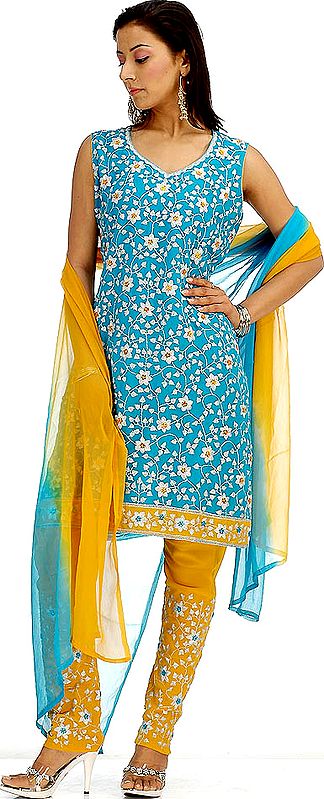 Turquoise and Mustard Floral Choodidaar Suit with Beads and Threadwork