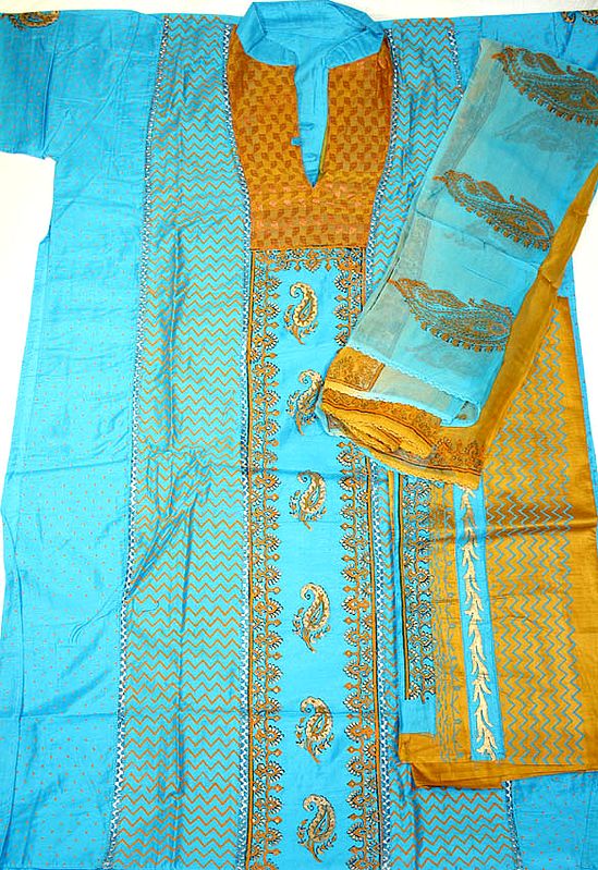 Turquoise and Mustard Salwar Kameez Fabric with Painted Paisleys