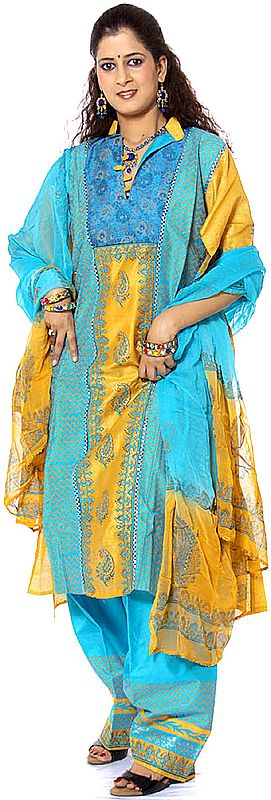 Turquoise and Mustard Salwar Kameez Fabric with Painted Paisleys