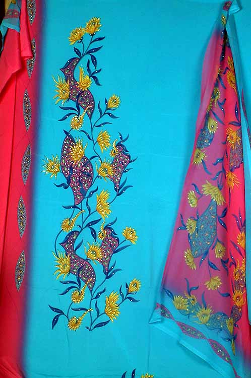 Turquoise and Pink Floral Printed Suit with Sequins
